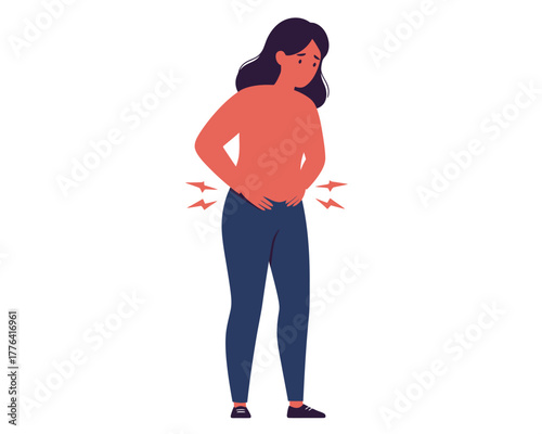 A woman experiencing abdominal pain and discomfort clutching her stomach with a pained expression and red radiating lines