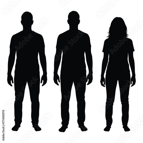 Silhouettes of two men and one woman, full body, standing in neutral poses, representing human identity, diversity, and a group. isolated on a clean background.