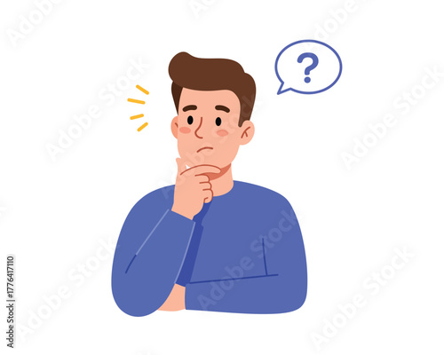 Young man with hand on chin looking upwards with a question mark in a speech bubble above his head symbolizing thought and uncertainty