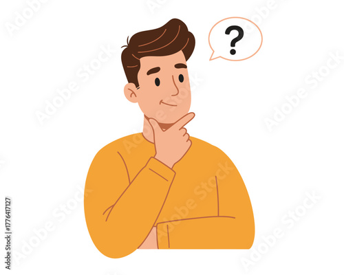 Young man with brown hair wearing an orange sweater thinking with a question mark in a speech bubble above his head