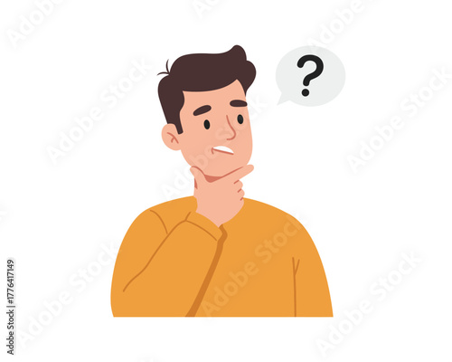 Young man with dark hair and a thoughtful expression looks upwards with a question mark symbol above his head