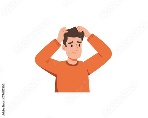 Young man with worried expression holding his head in hands feeling stressed overwhelmed and frustrated by problems