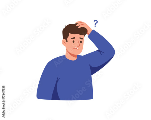 Confused young man scratching his head with a question mark above illustrating uncertainty and doubt
