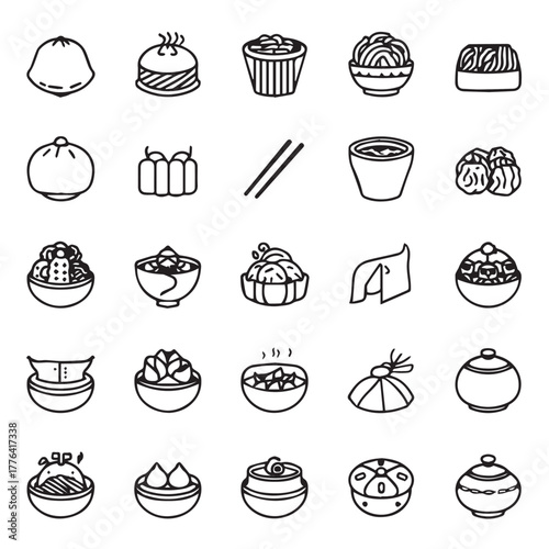 Vector icon set featuring popular Chinese food items in flat modern style.