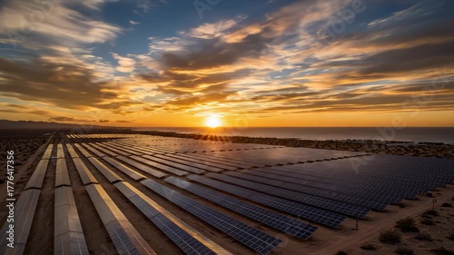 Solar Panels Generate Energy at Sunset Near Ocean Coastline View