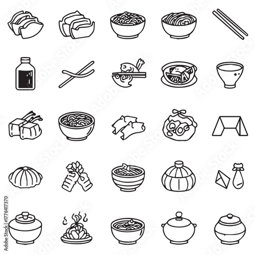 Vector icon set featuring popular Chinese food items in flat modern style.