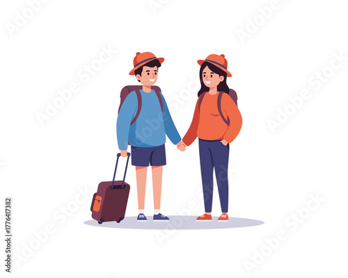 Young couple holding hands with backpacks and suitcase ready for a travel adventure together on vacation