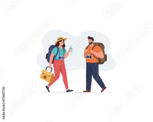 Couple of tourists with backpacks exploring a new destination together on a bright sunny day with a sense of adventure
