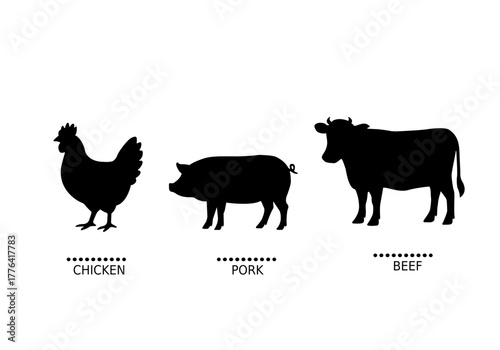 鶏と豚と牛のシルエットイラスト　ビーフ　ポーク　チキン　シンプルなアイコン素材
タグ