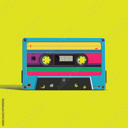 Retro Cassette Tape with Vibrant Colorful Stripes on a Bright Yellow Background Nostalgic Audio Recording Technology Music and Vintage Media Concept