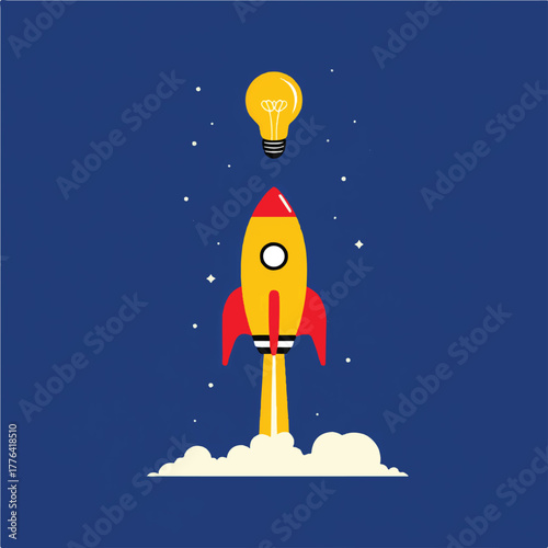 Rocket launch with a bright idea concept on a dark blue background representing innovation and creative thinking for startups and space exploration endeavors