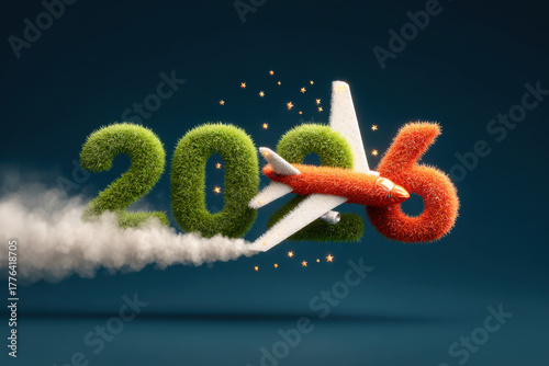 Airplane flying over a colorful christmas tree with 2026 and sparkling trail, symbolizing holiday travel.Airplane tracking christmas tree 2026 holiday travel concept. 