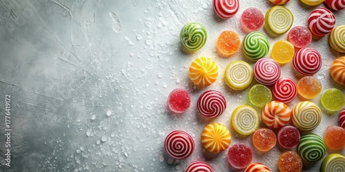 A delightful assortment of colorful, swirled hard candies and jelly sweets rests on a textured, light gray surface.