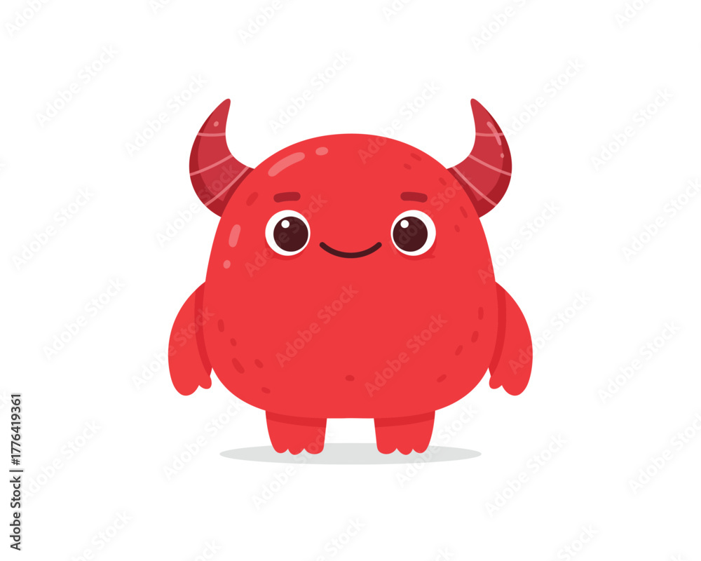 Fototapeta premium Adorable and friendly red cartoon monster with cute horns and big eyes standing on white background