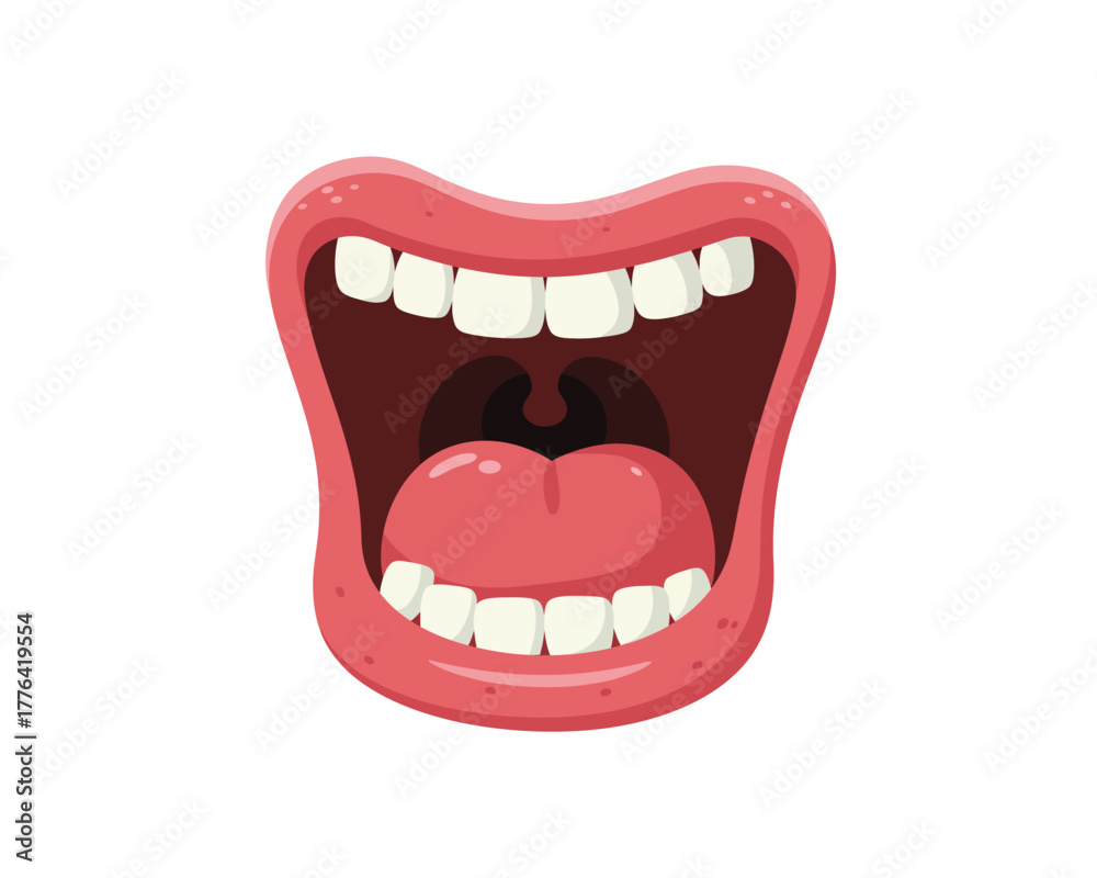 Naklejka premium Cartoon illustration of a wide open mouth with bright white teeth and a pink tongue expressing extreme surprise or laughter
