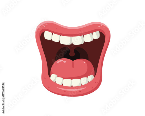 Cartoon illustration of a wide open mouth with bright white teeth and a pink tongue expressing extreme surprise or laughter