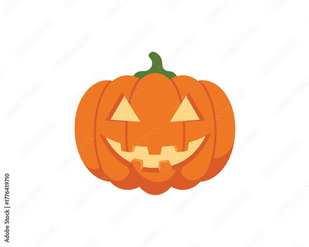 Obraz premium A classic carved halloween jack o lantern pumpkin with a friendly carved face glowing with light on a white background