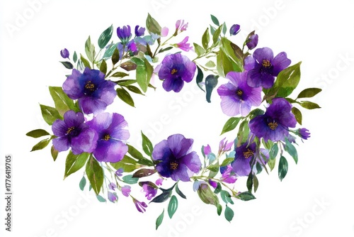 Elegant watercolor floral arrangement featuring vibrant purple blooms and lush green leaves in a circular design, perfect for invitations or decorative prints on a bright white background