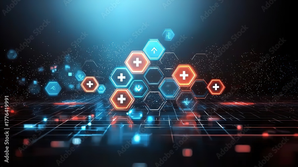 Obraz premium Futuristic Medical Hexagon Background with Glowing Plus