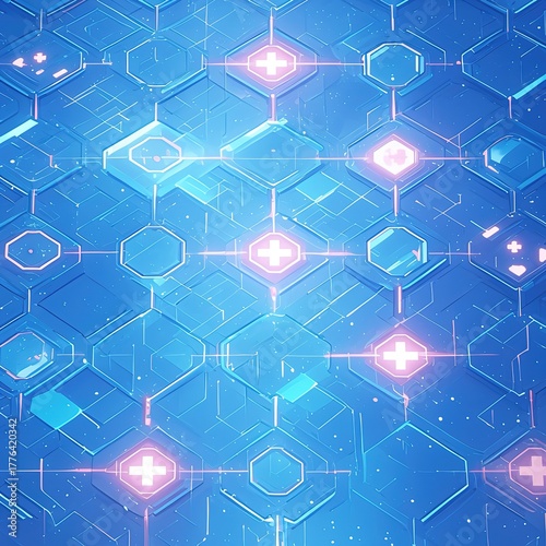 Blue Hexagonal Patterns with Medical Symbols Futuristic