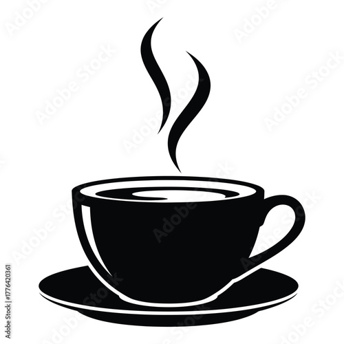 Steaming hot coffee or tea cup silhouette icon with a saucer, a simple black vector illustration representing breakfast, cafes, morning routine, and beverages.
