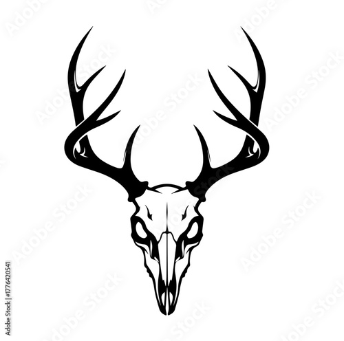 A sharp, symmetrical black-ink design, reminiscent of a tribal tattoo, illustrates a deer skull with impressively large, curved antlers
