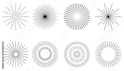 Set of black geometric radial fireworks burst designs with circular lines and dots on white background, abstract vector collection for festive, decorative, or graphic design use