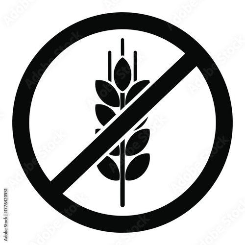 Gluten free symbol with wheat ear crossed out, representing a dietary restriction for celiac disease or gluten sensitivity, suitable for product packaging and menus.