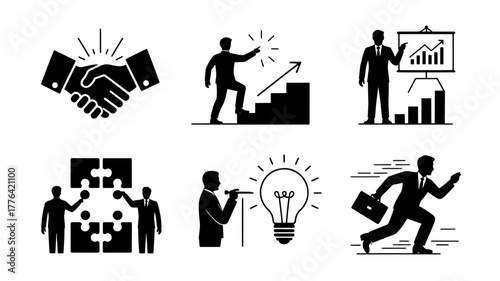 This vector graphic showcases various business concepts, including teamwork, success, presentation, problemsolving, idea generation, and ambition, representing different aspects of corporate life