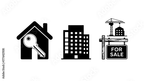 Real estate icons house with key, apartment building, and construction site with for sale sign, symbolizing property, architecture, and investment