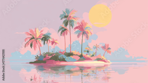 Tranquil Tropical Island Getaway with Pastel Skies Reflecting in Calm Waters and Palm Trees Offering Serenity and Relaxation for a Dream Vacation Destination
