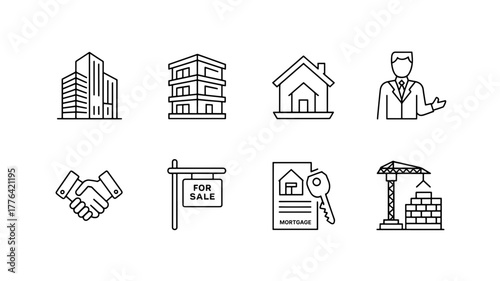 Real estate line icons set vector illustration with house, building, apartment, handshake, for sale sign, contract, construction crane