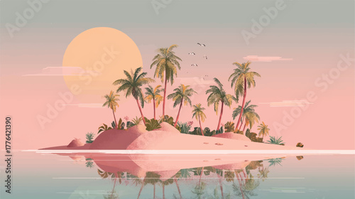 Tranquil Tropical Island Paradise with Palm Trees and Soft Sunset Hues Vector Illustration for Vacation and Relaxation Concepts featuring Serene Water Reflections and Distant Birds
