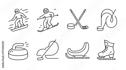 Collection of winter sports icons, featuring snowboarding, skiing, hockey, curling, bobsleigh, and ice skating, all depicted in a clean, minimalist line art style