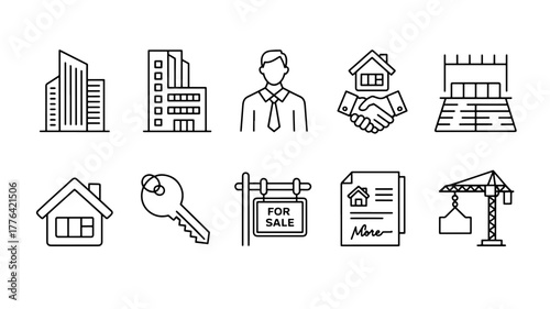 Set of real estate icons skyscraper, building, businessman, handshake, house, key, for sale sign, contract, crane vector illustration for business design