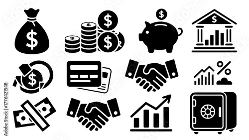 This vector illustration features a collection of finance and investment icons, including money bag, coin, piggy bank, bank, credit card, handshake, chart, safe, and cash