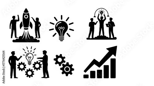 This vector illustration showcases a collection of startup and innovation icons, including rocket launch, light bulb, teamwork, idea generation, gear, and growth chart