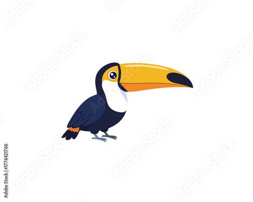 A charming cartoon toucan with a large colorful beak stands against a clean white background perfect for playful designs