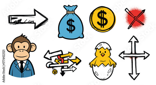 Collection of cartoon icons including a monkey in a suit, money bag, coin, and arrows.