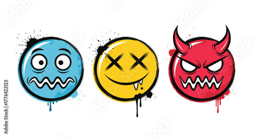 Three cartoon faces with different expressions, rendered in a graffiti style.