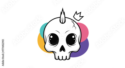 Whimsical skull with large eyes and a crown wearing a mohawk surrounded by colorful circles.