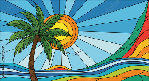 Stained glass style illustration of a tropical beach scene with a palm tree and sun.