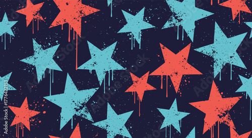 Seamless pattern of distressed red and blue stars with dripping paint on a dark background.