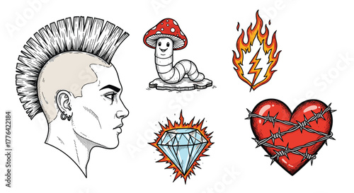 Collection of illustrative tattoos including a punk mohawk, worm mushroom, lightning bolt, diamond, and barbed wire heart.