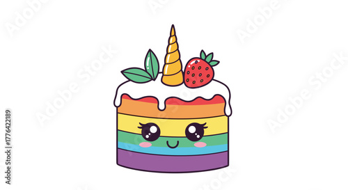Cute cartoon rainbow unicorn cake with strawberry and leaves, digital art style.