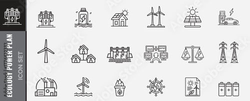 Go Green with this ecology power plan icon set, featuring clean energy sources and sustainable solutions for a brighter future, clean technology visuals