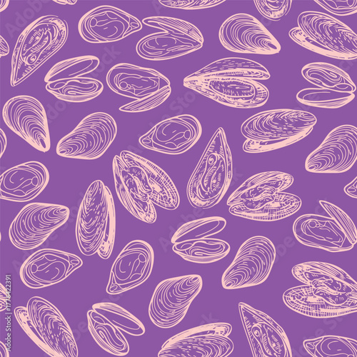 Seamless pattern with hand drawn mussels on purple background – marine seafood vector illustration