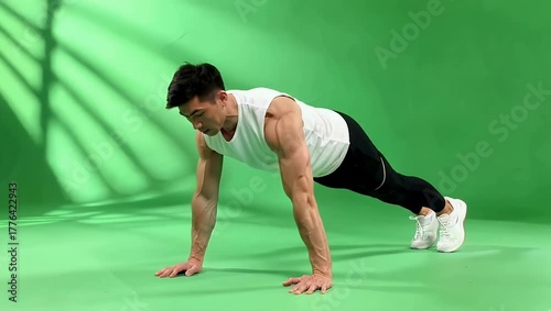 Man performing push-ups on a green background, showcasing fitness and strength training techniques