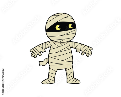 Cute cartoon mummy character with glowing yellow eyes and bandages standing with open arms on a white background for halloween