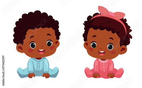 happy african baby girl and boy sitting cartoon vector illustration
